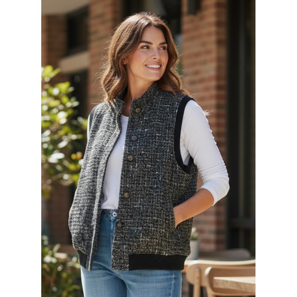 Walls Womens Tweed Vest Black Grey Blue Buttons Collar Lined Outerwear Size XXL